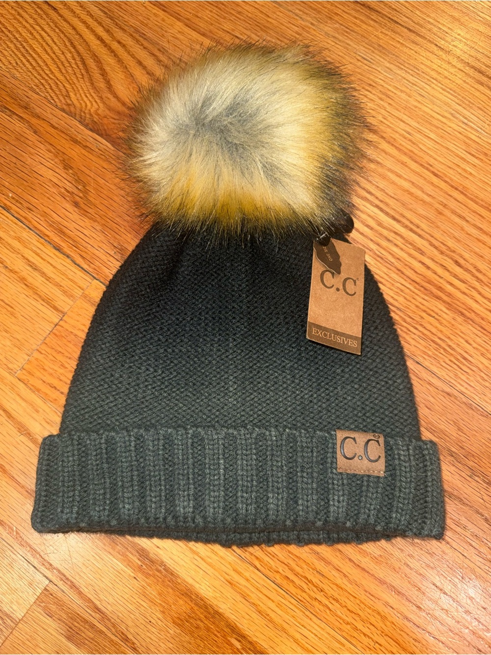 C.C Olive Green Knit Beanie with Faux Fur Pom Puff